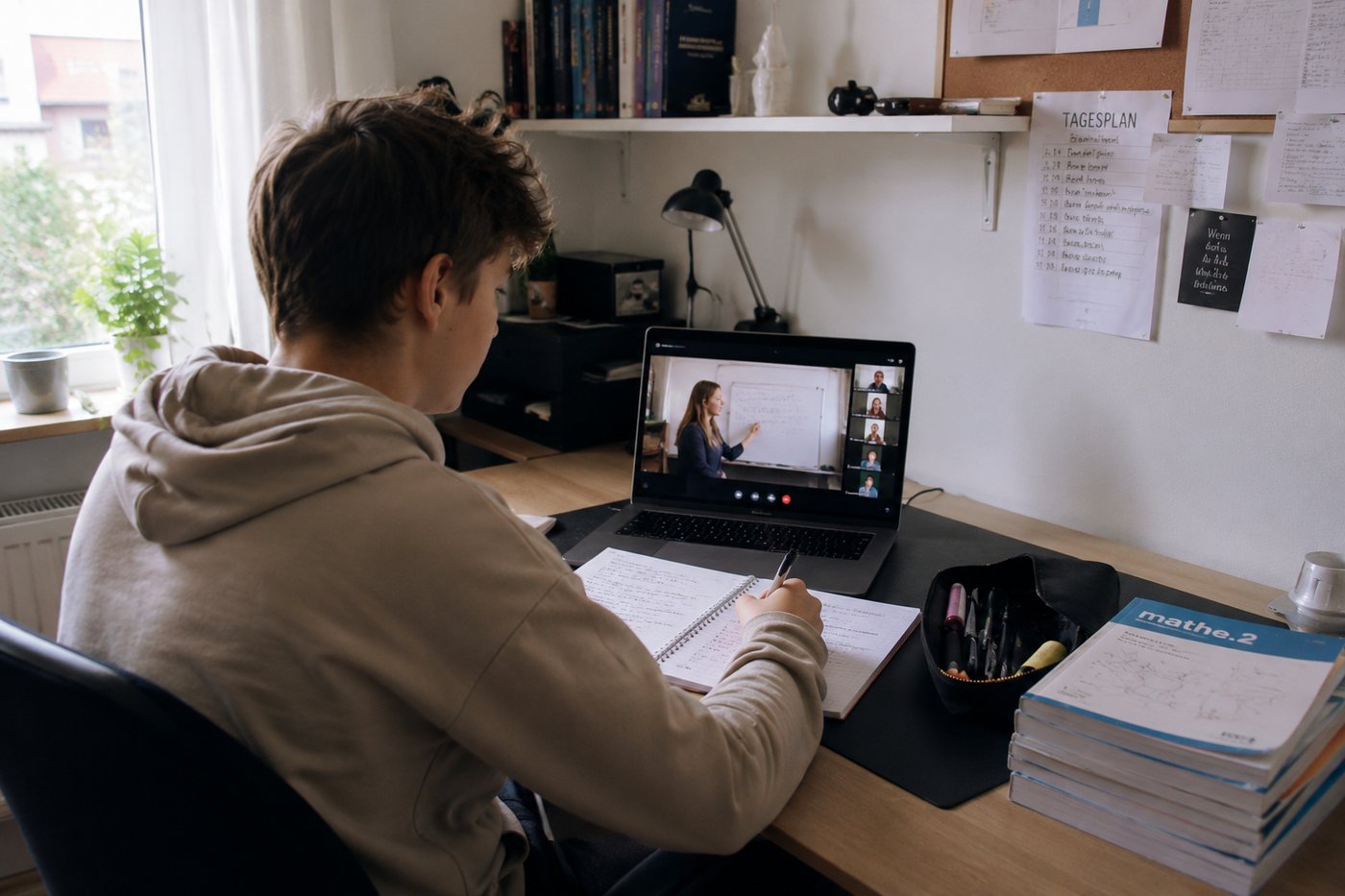 Jugendlicher nimmt von zu Hause aus am Online-Unterricht teil