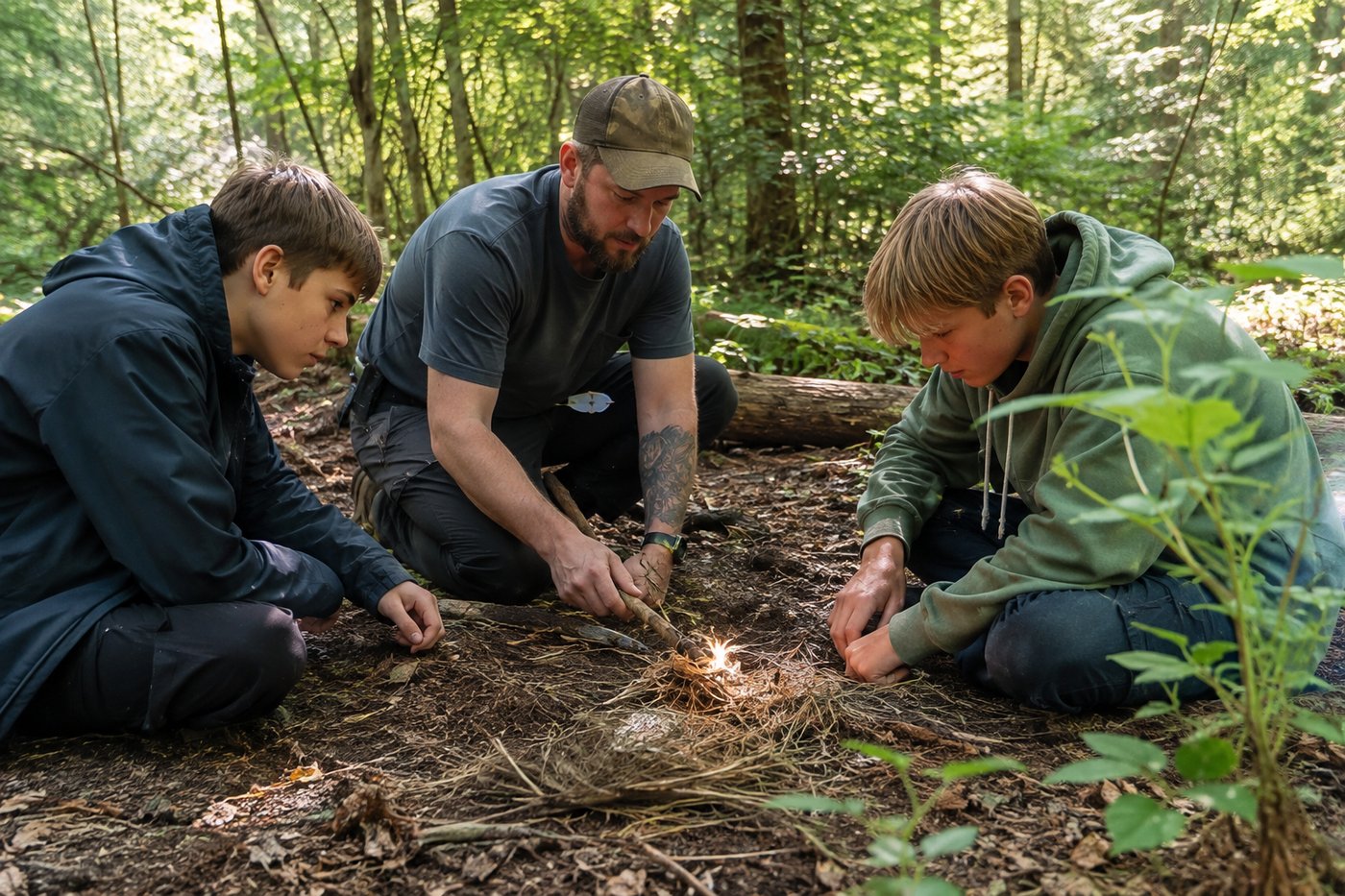 Jugendliche lernen gemeinsam mit einem Betreuer Feuer machen im Wald